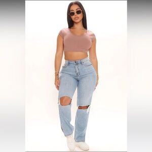 Womens New Fashion Nova What The Split Ripped Straight Leg Jeans - Light Blue Wa